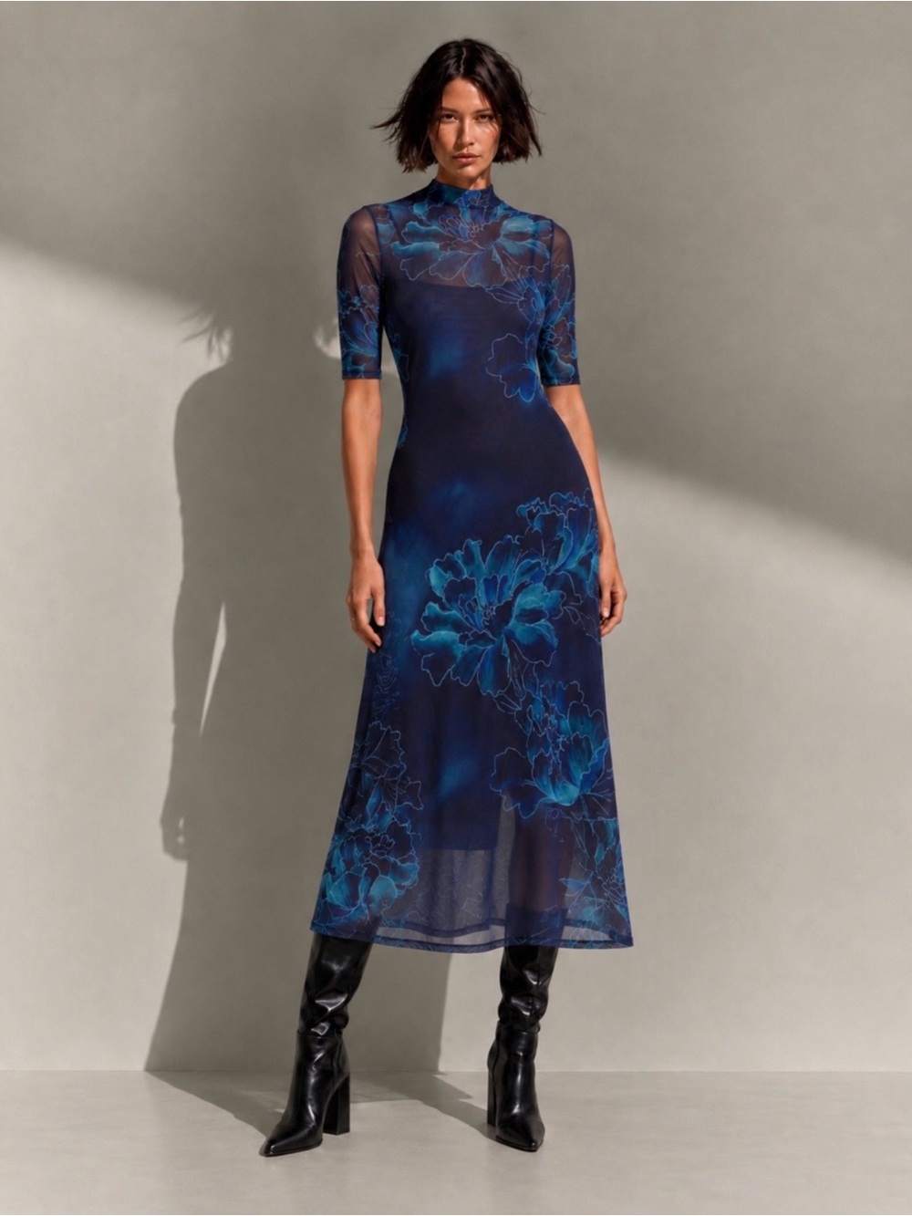 New🌺$238Johnny Was Athena 3/4 Sleeve Mock Neck Mesh Midi Dress Blue Turquoise M